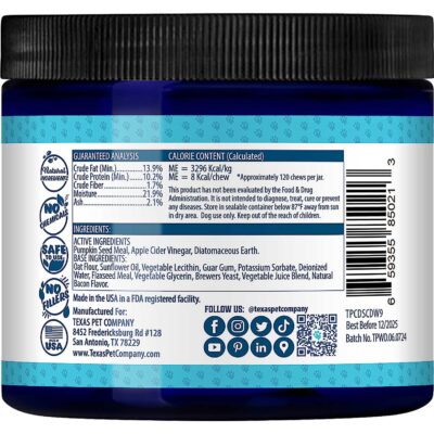 Texas Pet Company Worm Defender Dog Treat Supplement Back Dewormer For Dogs