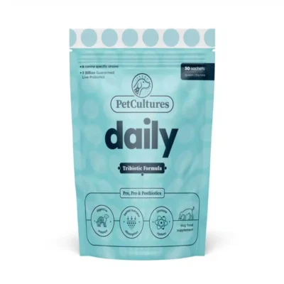 a blue bag of Dog immune support supplement daily tribiotic probiotic prebiotic postbiotic