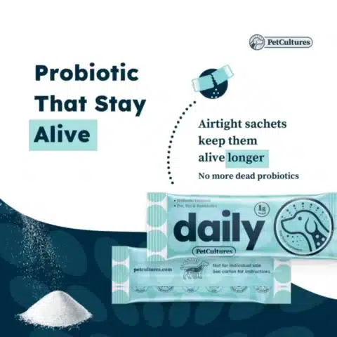a Dog immune support supplement daily tribiotic probiotic prebiotic postbiotic product package with text and a pile of powder