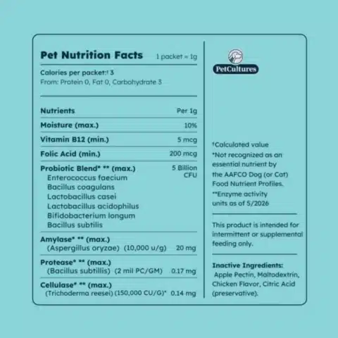 a blue Dog immune support supplement daily tribiotic probiotic prebiotic postbiotic product label with white text
