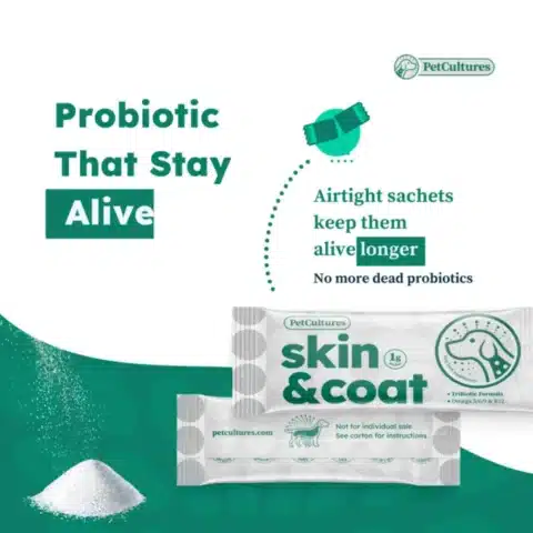 skin & coat dog supplement package with text and images