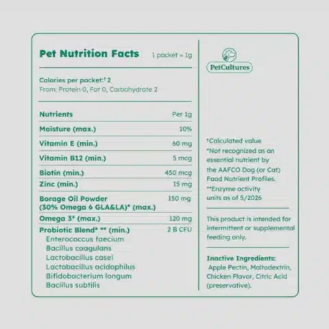 a close-up of a skin & coat dog supplement label