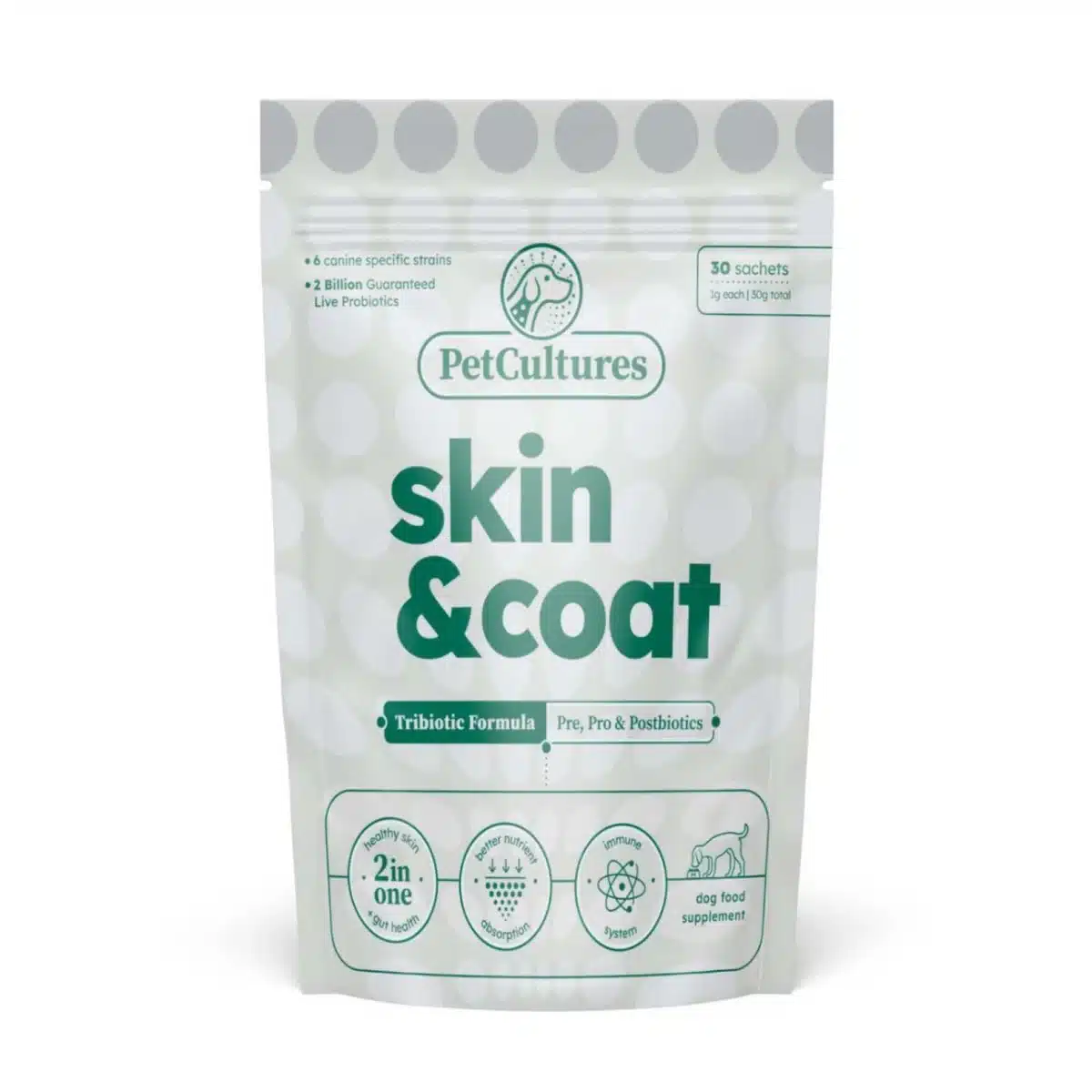 a white package with green text skin & coat dog supplement