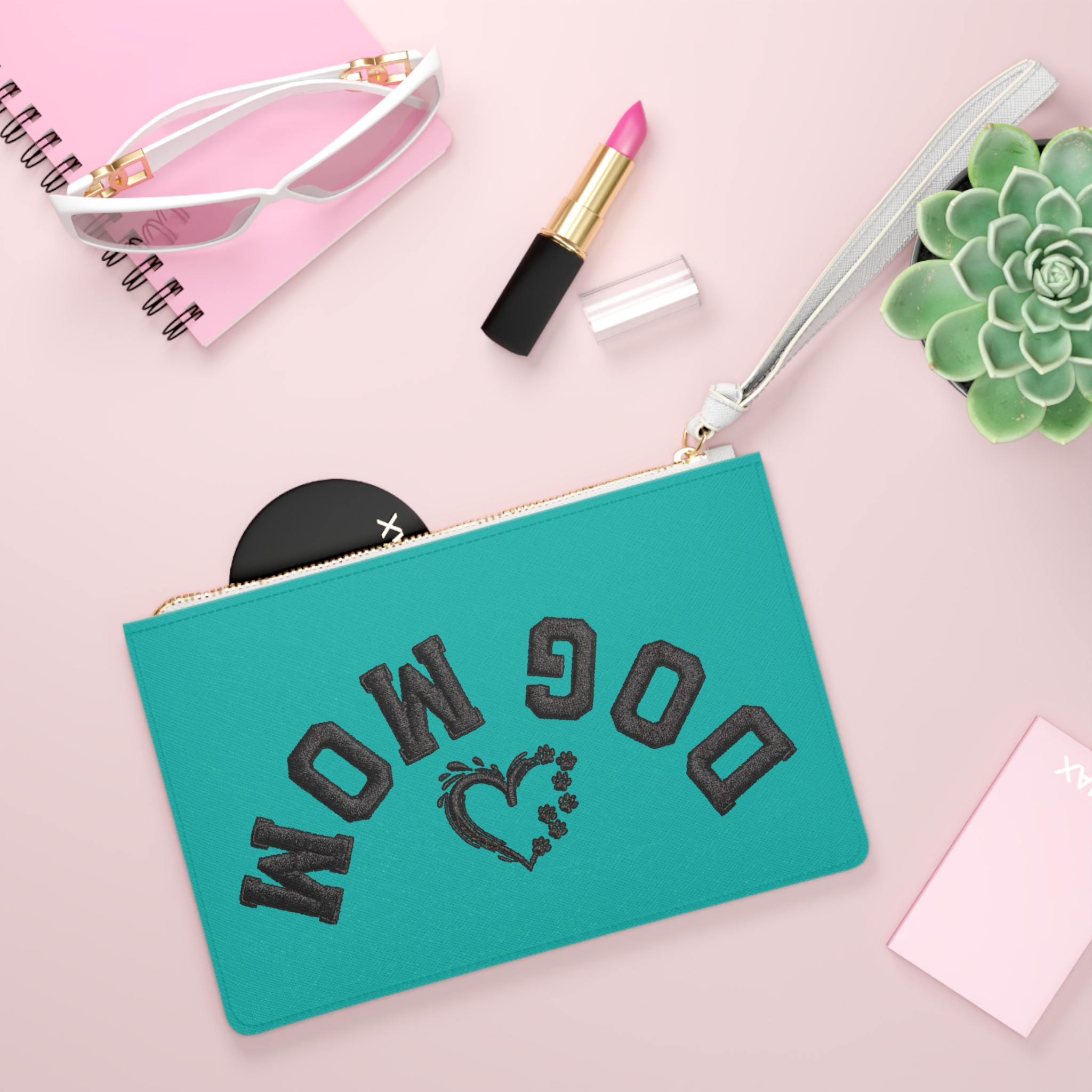 Clutch Purse Zipper Pouch – “Dog Mom” Upside-down Backwards Teal 4 Clutch Purse Zipper Pouch – “Dog Mom” Upside-down Backwards Teal - Image 4