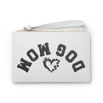 Clutch Purse Zipper Pouch – “Dog Mom” Upside-down Backwards White