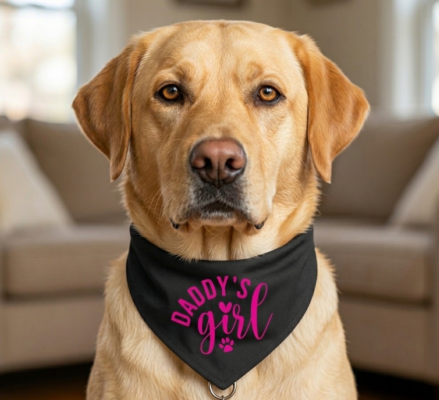 "Daddy's Girl" Black & Pink Clip-On Pet Bandana 4 Daddy's Girl Dog Bandana on Yellow Lab
