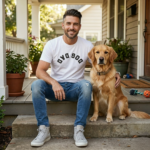 Dog Dad Upside Down Backwards Arch Text T-Shirt Young Man with Dog