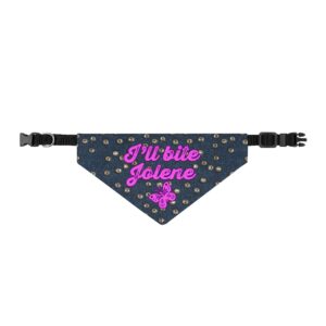 Texas Pet Company Shop 45 I'll Bite Jolene Clip-on Pet Bandana - Neon Pink Text on Denim Dots